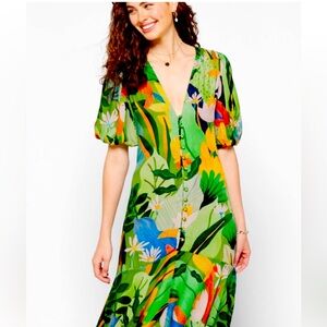 FARM Rio Vintage Toucans Button-Down Midi Dress NWT Size large
